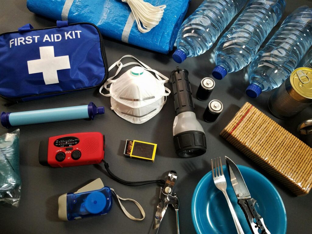 A well-stocked emergency power outage kit including food, water, and medical supplies. — prepare for power outages Nevada