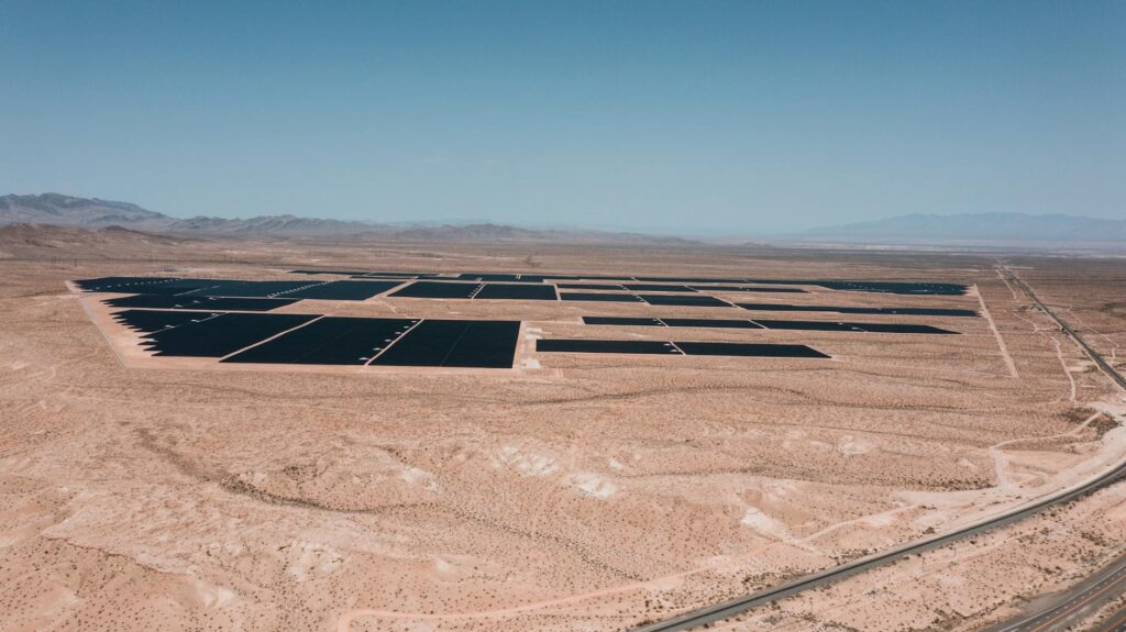 Aerial view of solar panels in Nevada's desert landscape — Paul For Nevada renewable energy